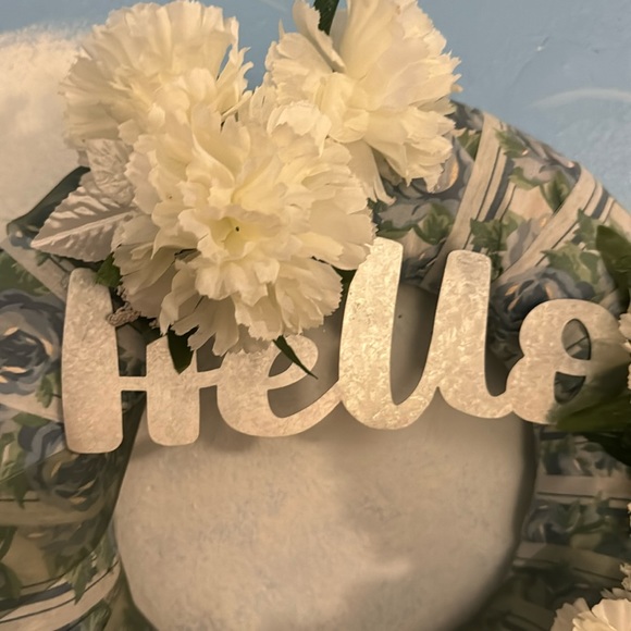 Carnation and Blue Floral Ribbon "Hello” Wreath - Picture 2 of 4